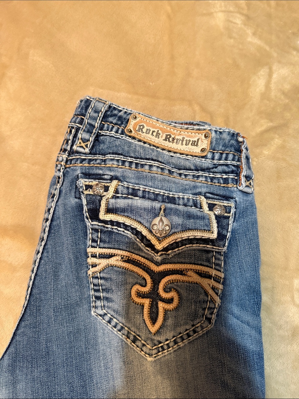 Rock Revival Women's Blue Jeans with Gold Embroidered Back Pocket